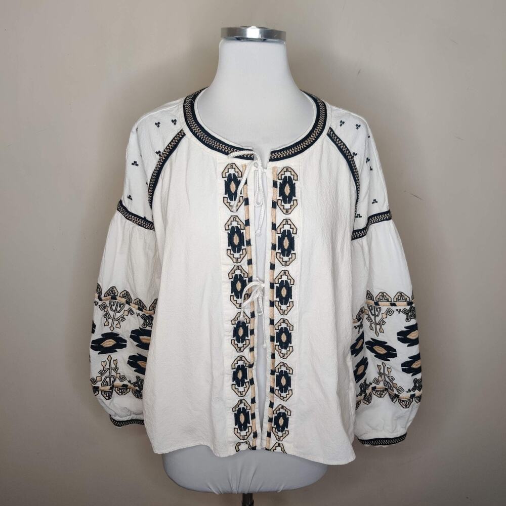 Anthropologie White and Navy Embroidered Blouse